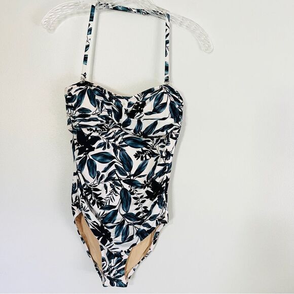 NWT New Garnet Hill Ruched Bandeau One Piece Swimsuit 4 White Dark Teal Onepiece - Picture 1 of 11